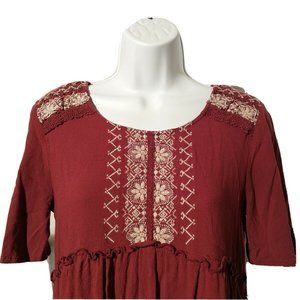 Knox Rose Women's Small Embroidered Floral Red Ruffled Short Sleeve Top